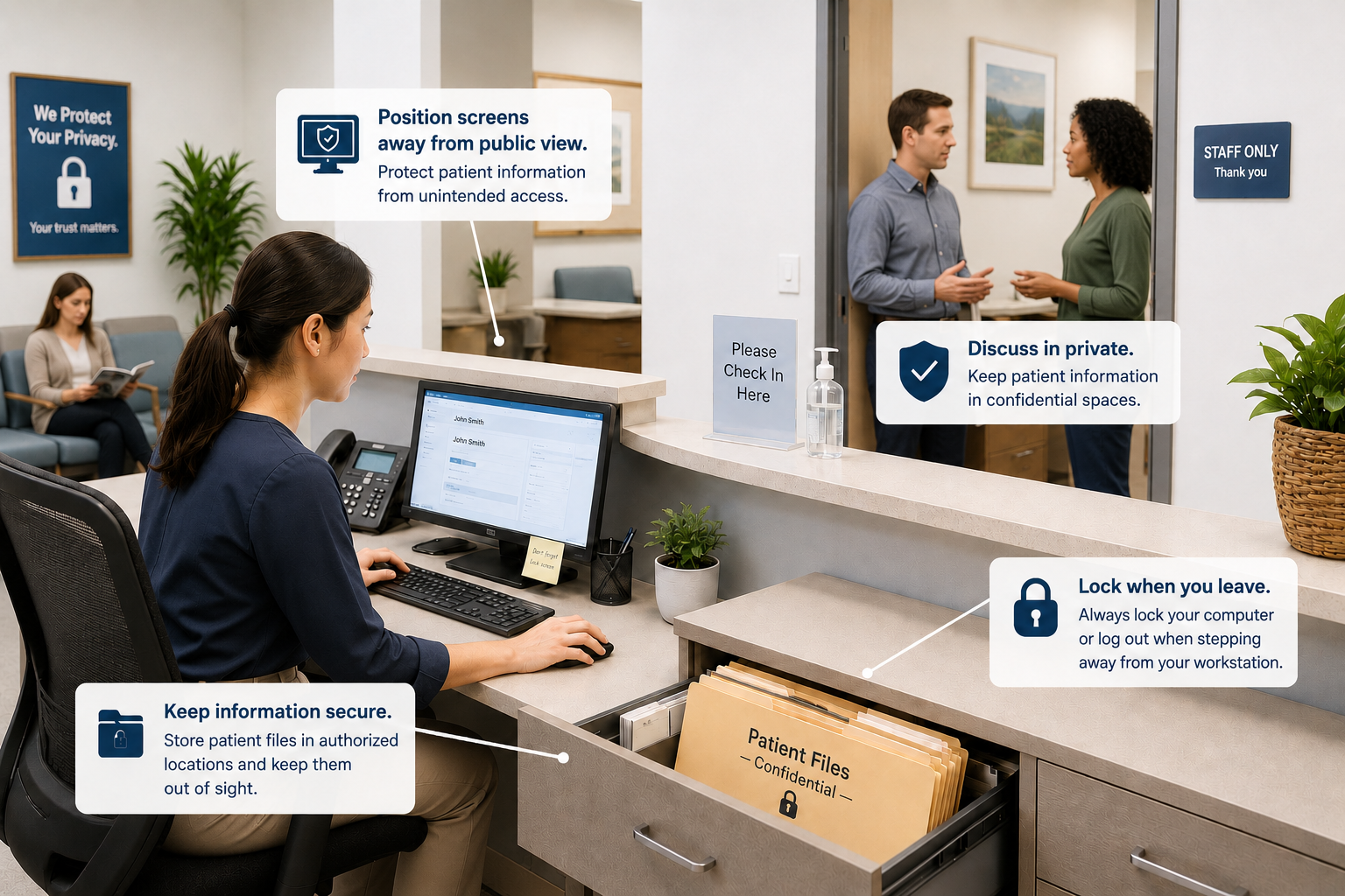 A medical reception area showing everyday privacy-conscious behavior.